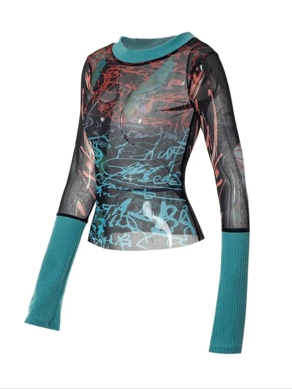 Y2K Vintage Sheer Slim Top Long Sleeve Round Neck Pattern Print Mesh Patchwork S - Picture 15 of 17